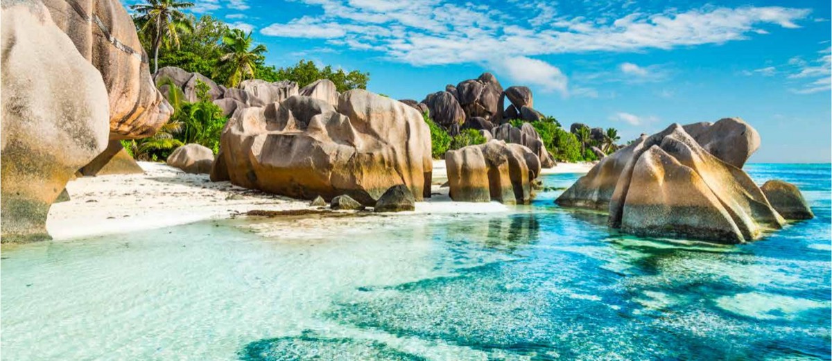Granite boulders and clear water at Anse Source d'Argent in the Seychelles