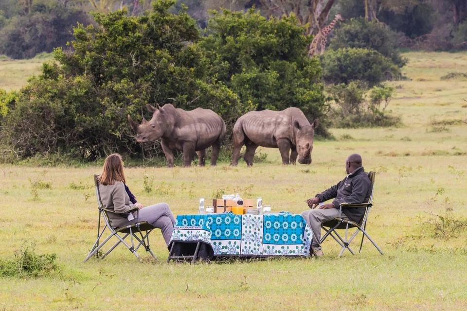 A bush breakfast with rhinos grazing nearby.