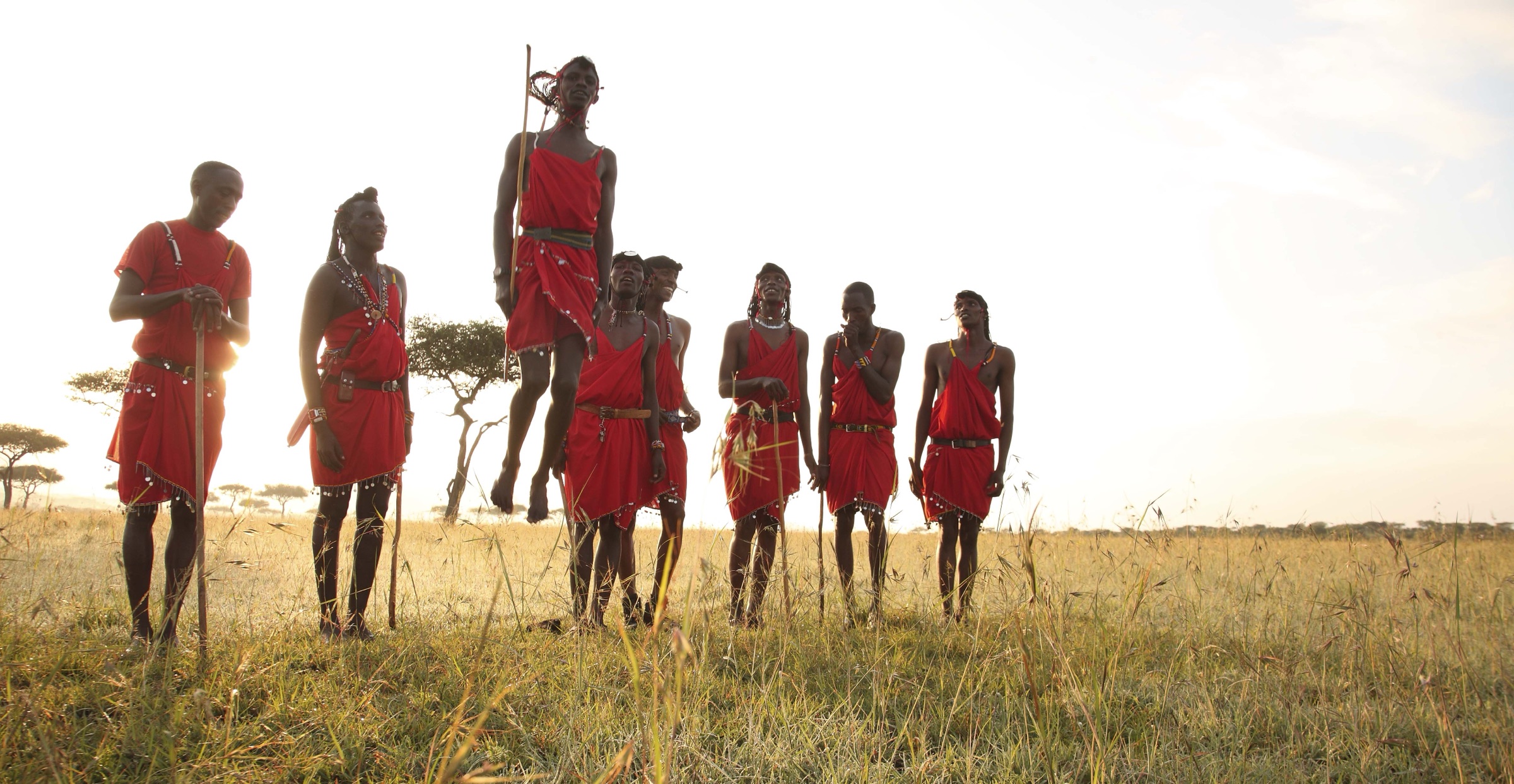 Maasai warriors in red shukas on the Mara plains at golden hour, one mid-jump in the adumu dance.