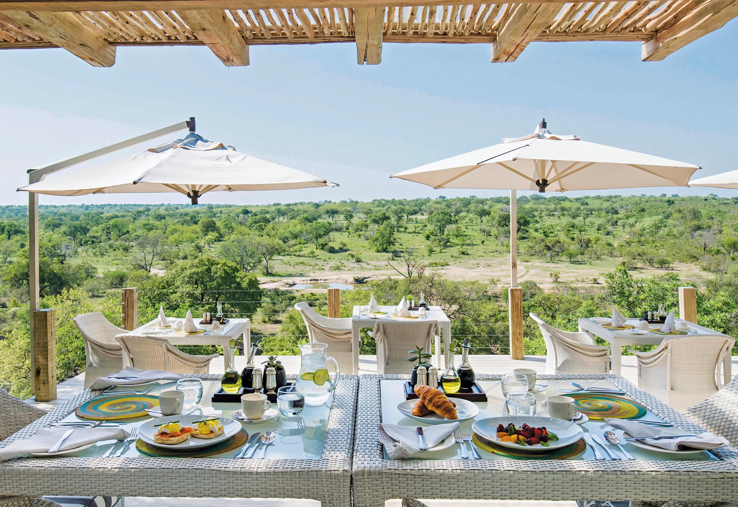 A lodge breakfast terrace overlooking the Sabi Sand bush.